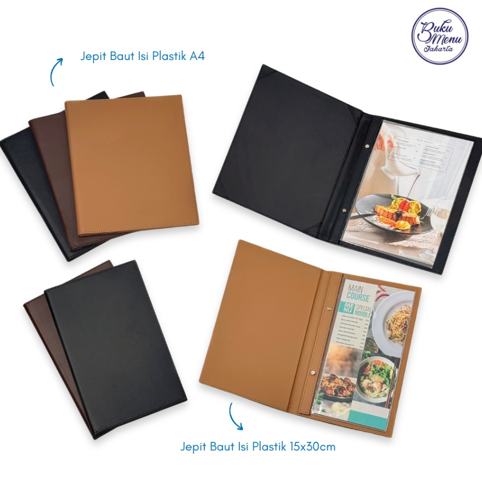 

KODE W75N Buku menu kulit klat tua klat muda hitam model jepit baut isi plastik ukuran A4 dan 15x3 Restoran Hotel Cafe