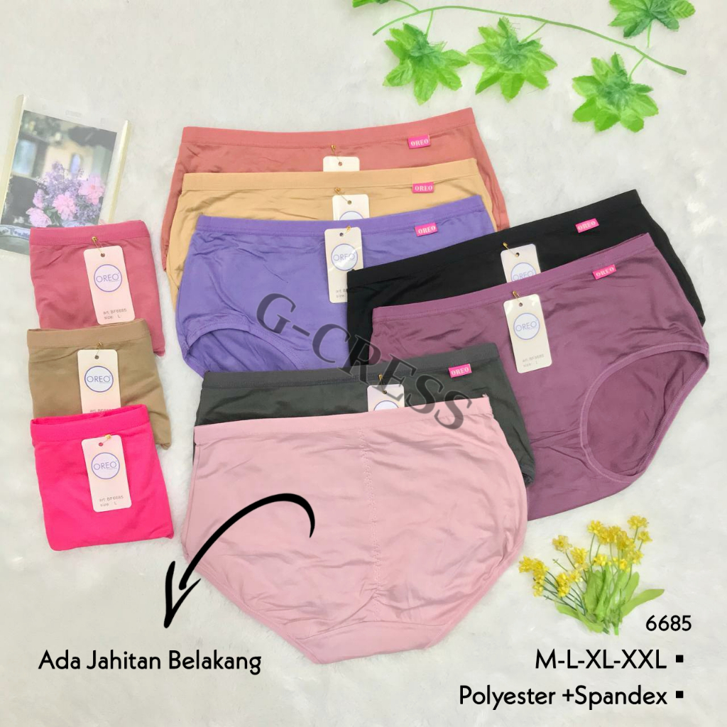 CD Wanita Sepinggang/Celana Dalam OREO M, L, XL, XXL Polos Katun Spandex Lembut Adem Karet Kecil CD 