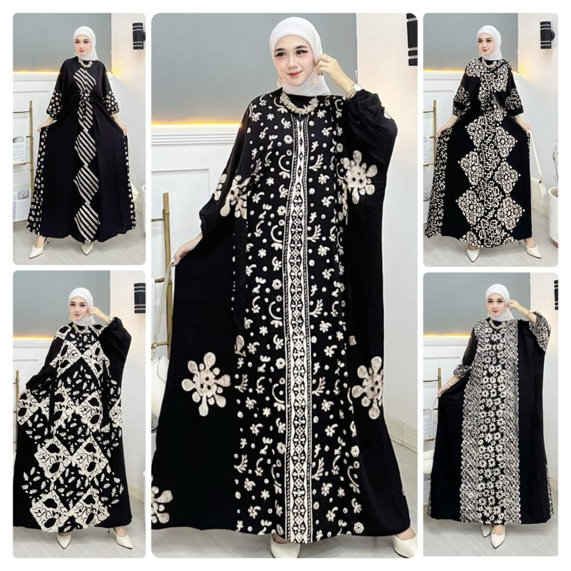 GAMIS KAFTAN BAJU MUSLIM MUSLIMAH MONOKROM HITAM PUTIH MOTIF BATIK SUPER JUMBO RAYON TEBAL DRESS HIJ
