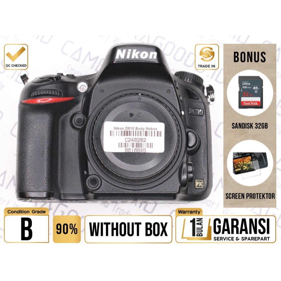 Nikon D610 DSLR Full Frame Camera Body Only- Grade B - C240282 Kamera Profesional Digital SLR Used S