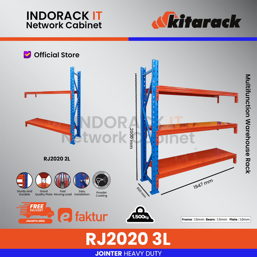 RJ2020 Rak Gudang 3lvl/Susun Rak Warehouse Tinggi 2meter