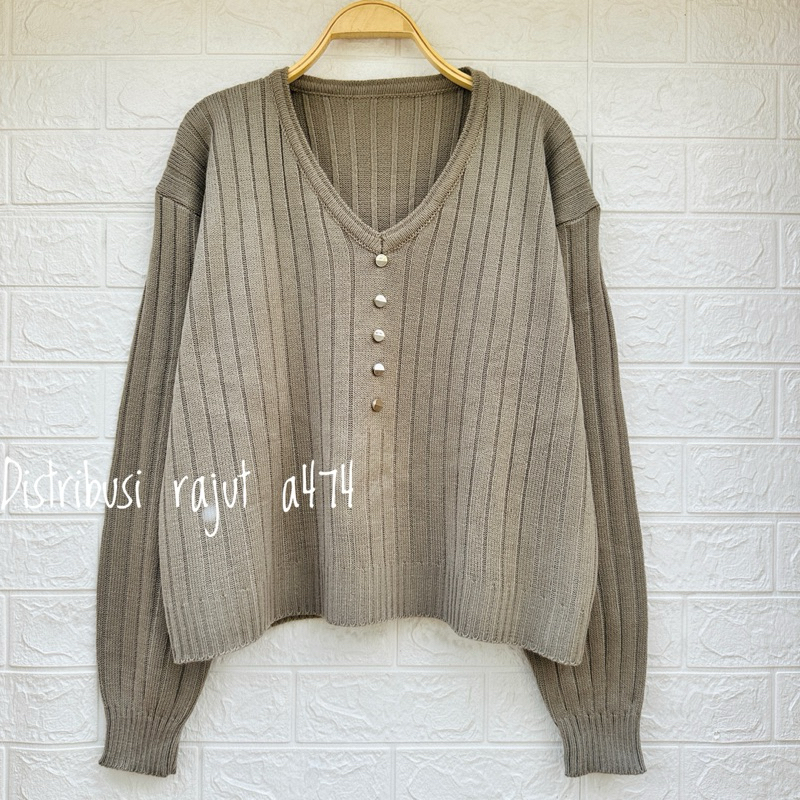 ADELA V NECK BAJU ATASAN SWEATER RAJUT WANITA MOTIF SALUR KANCING WANITA LENGAN PANJANG