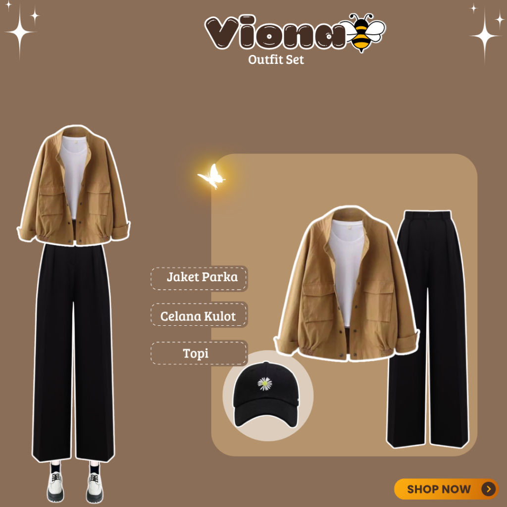 Setelan Viona {Jaket Parka Mocca + Celana Kulot Jenie Hitam + Topi Hitam}OOTD Korean Style