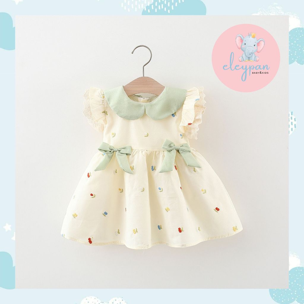 Dress Anak 1-3 Tahun Full Bordir Mini Kerah Warna Sage Green Baju Terusan Babydoll Anak Cewek