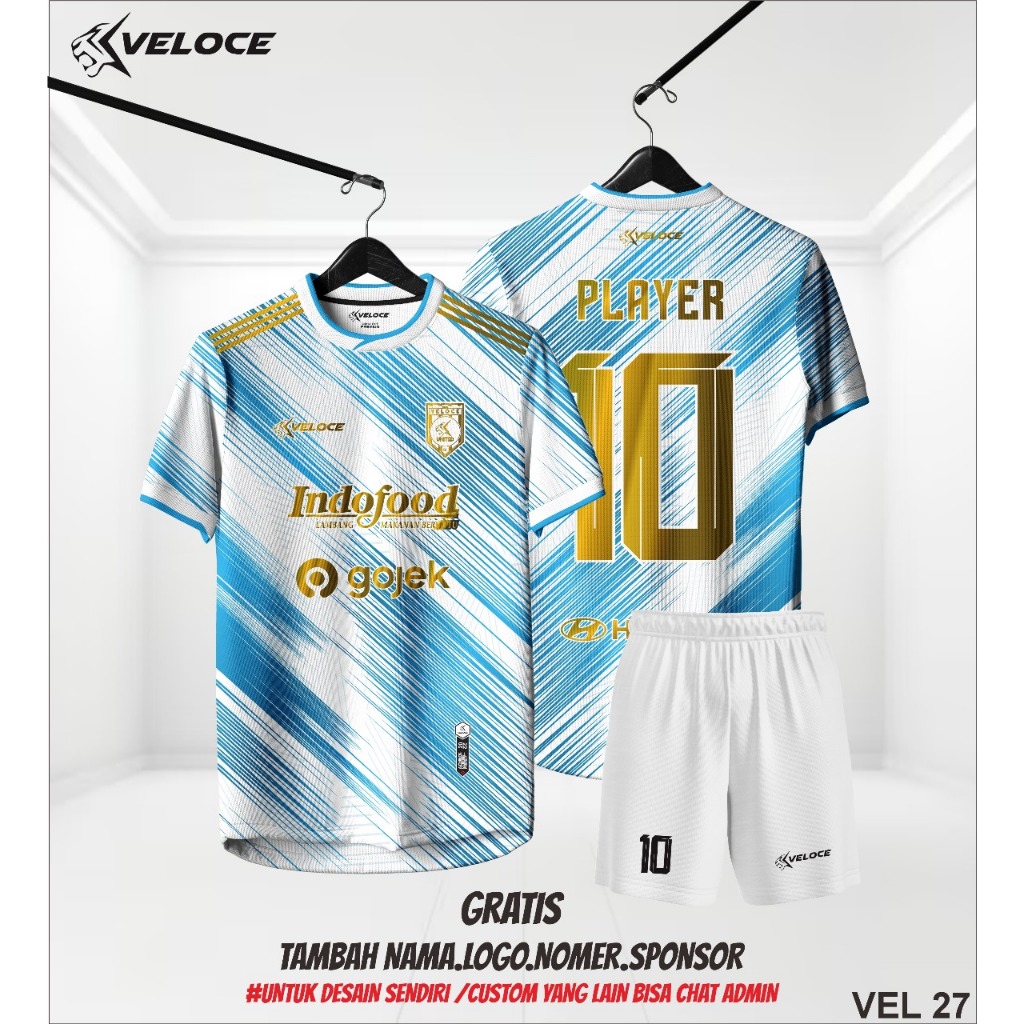 Jersey Custom Full Print Nama Nomor Logo Motif Garis Biru Putih Gold Veloce.Ind Baju Futsal Bola