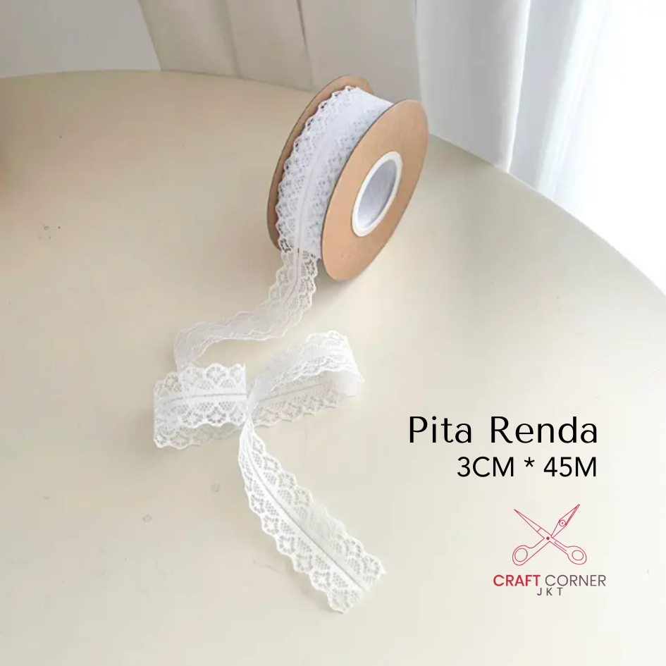 

[ROLL] Pita Renda Lace Putih White 3 cm x 45 m - Pita buket Pita Bunga