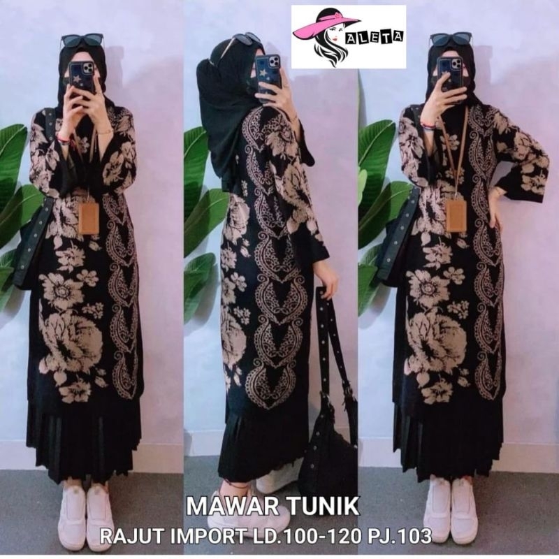 ATASAN LONG TUNIK JUMBO/MAWAR/LONG TUNIK WANITA RAJUT IMPORT JUMBO LD 120 CM FIT XXL