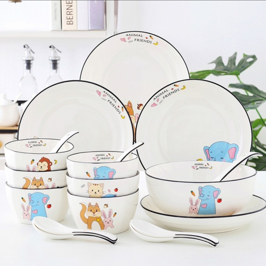 Set Makan Animal Friends Kids Anak Porselen Piring Mangkuk Sendok Keramik