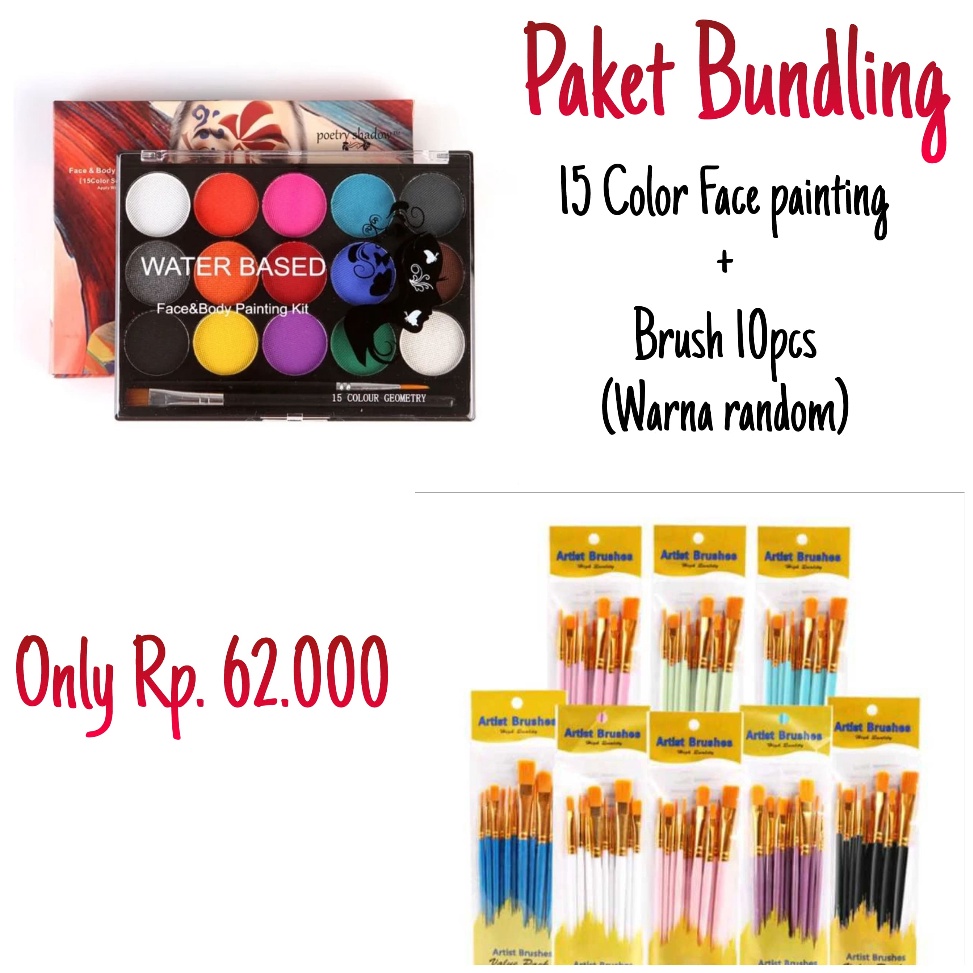 

KODE F9K SPECIAL BUNDLING Body Face Painting 15 Warna Waterproof Paints Water Base 1 Set Kuas Lukis Cat Air Acrylic Painting Brush