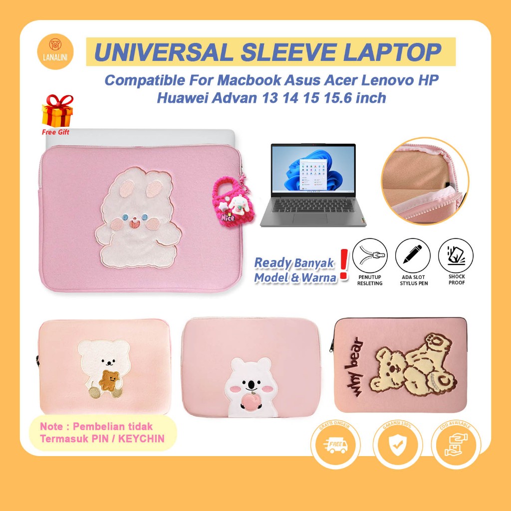 Tas Laptop Wanita Pink Lucu Girly Y2K 12 13 13.3 14 15 15.6 16 inch Sleeve Pouch Sarung Lenovo Think