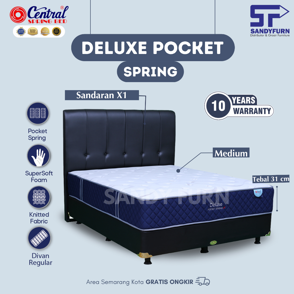 CENTRAL Spring Bed - Deluxe Pocket Spring - Semua Ukuran - Kasur+Sandaran