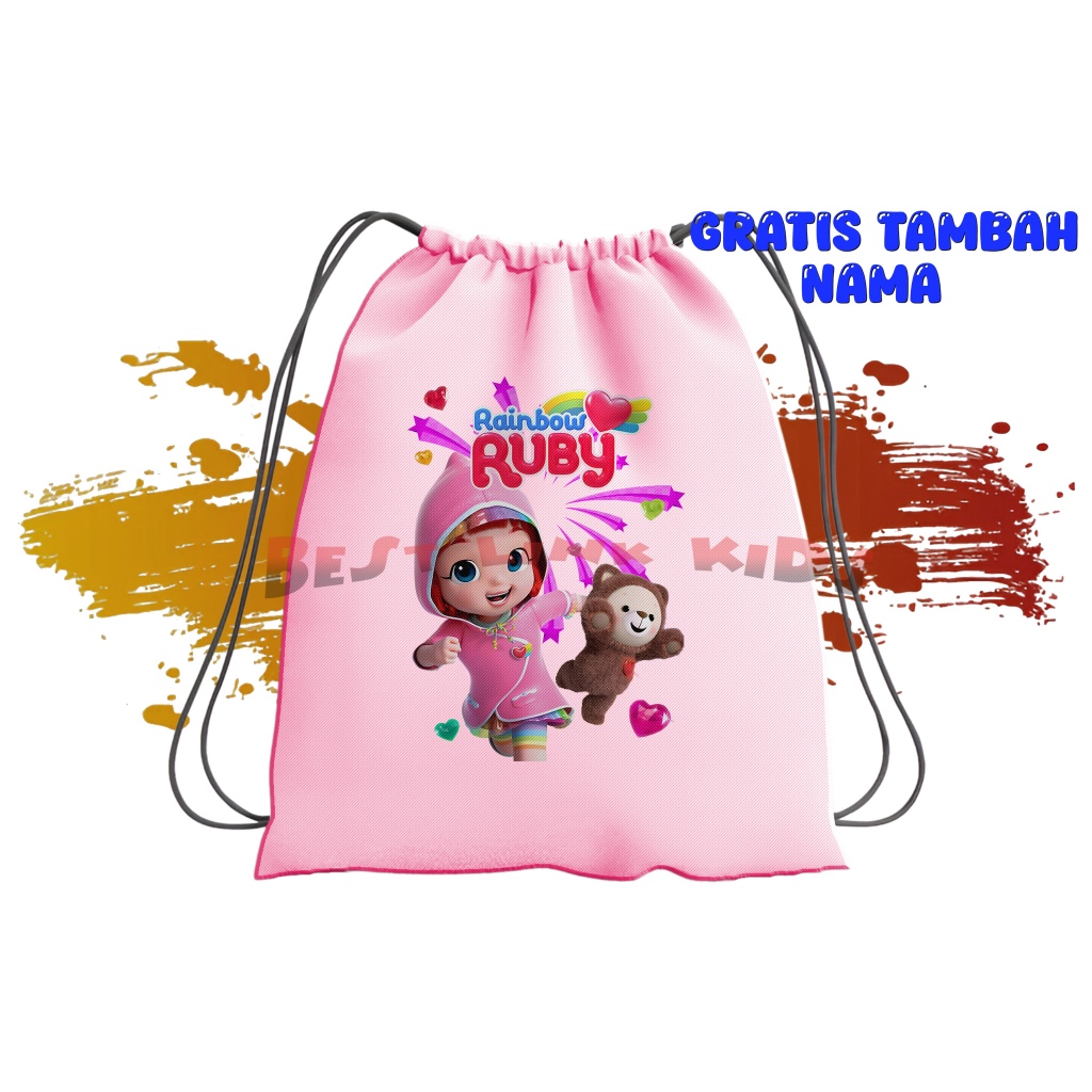 Tas Serut Costum String Bag Anak Rainbow Ruby Choco Free Nama