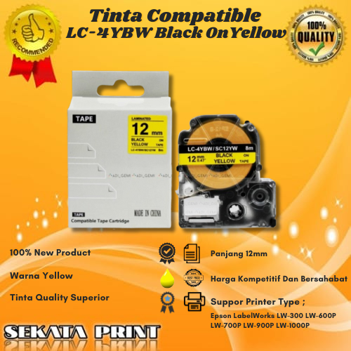 

COMPATIBLE LABEL TAPE CARTRIDGE EPSON LC-4YBW/SC12YW BLACK ON YELLOW 12MM X 8M