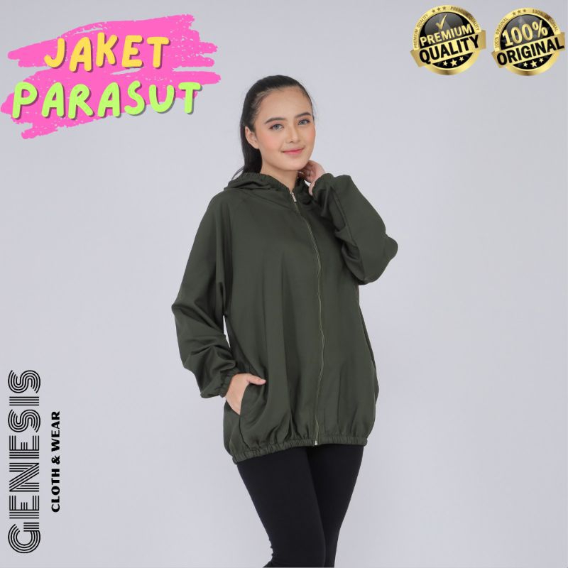 GENESIS Jaket olahraga parasut hijau tua army pria wanita running jogging lari bersepeda sauna sport