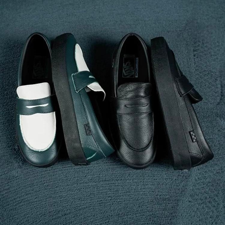 VANS SLIP ON SKATE LOAFER LEATHER BLACK & DARK FOREST ORIGINAL