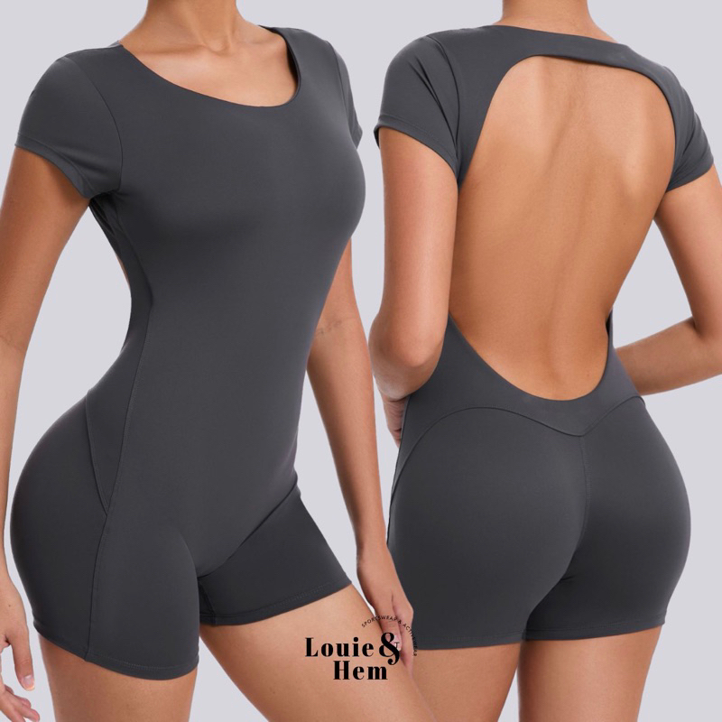 Jumpsuit Olahraga Wanita Setelan One Set Gym Fitness Lengan Pendek