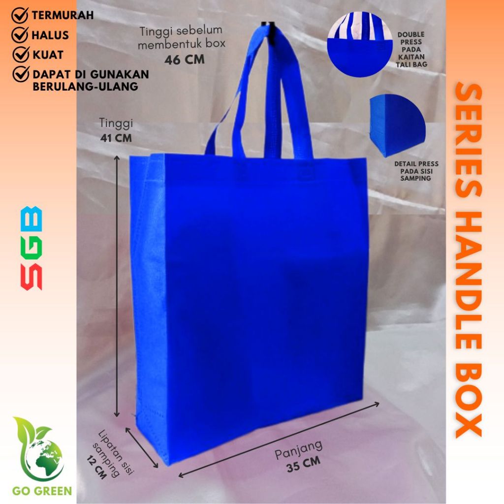 

Tas Spunbond Handle Box Uk 35x46x12 Harga Per Lusin / Goodie Bag / Tas Kain Polos