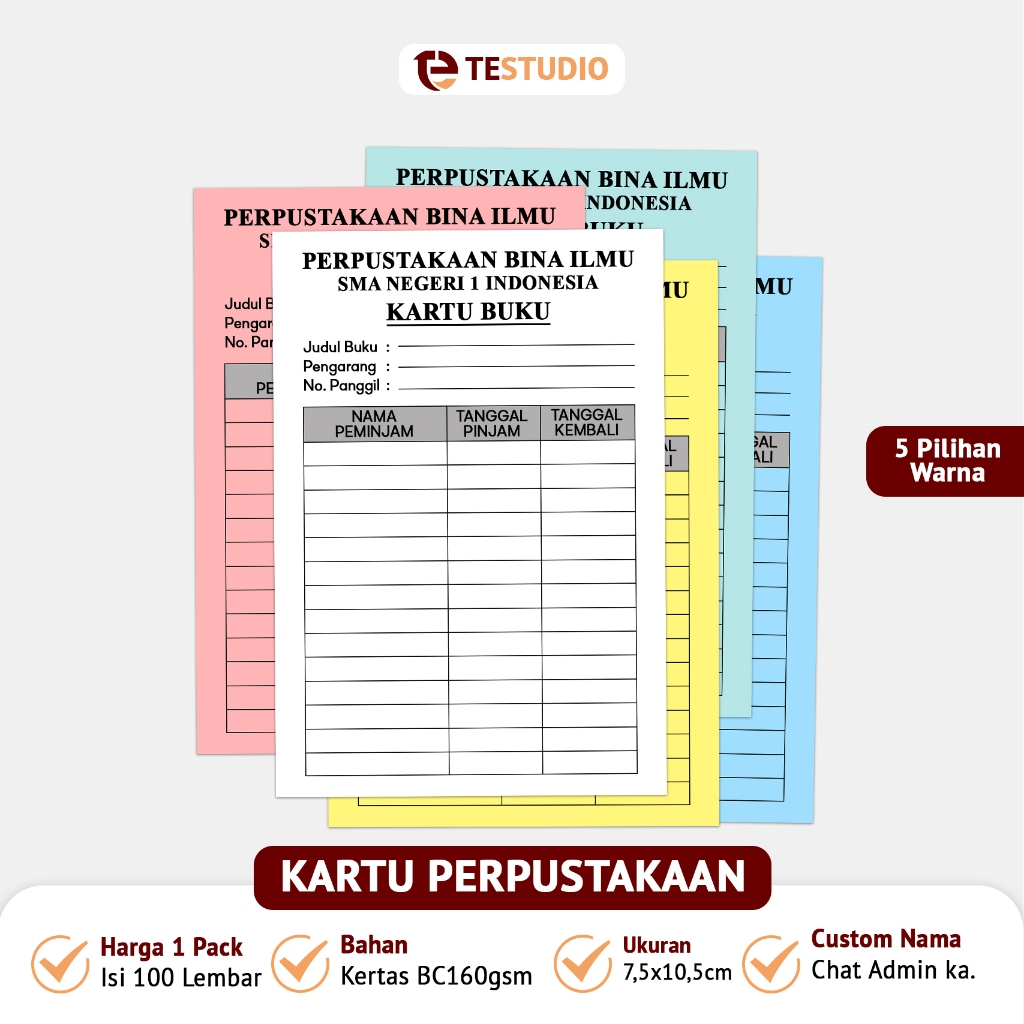 

TeStudio - Kartu Peminjaman Buku Perpustakaan - Kartu Perpustakaan untuk Peminjaman dan Pengembalian Buku Cetak Kertas BC