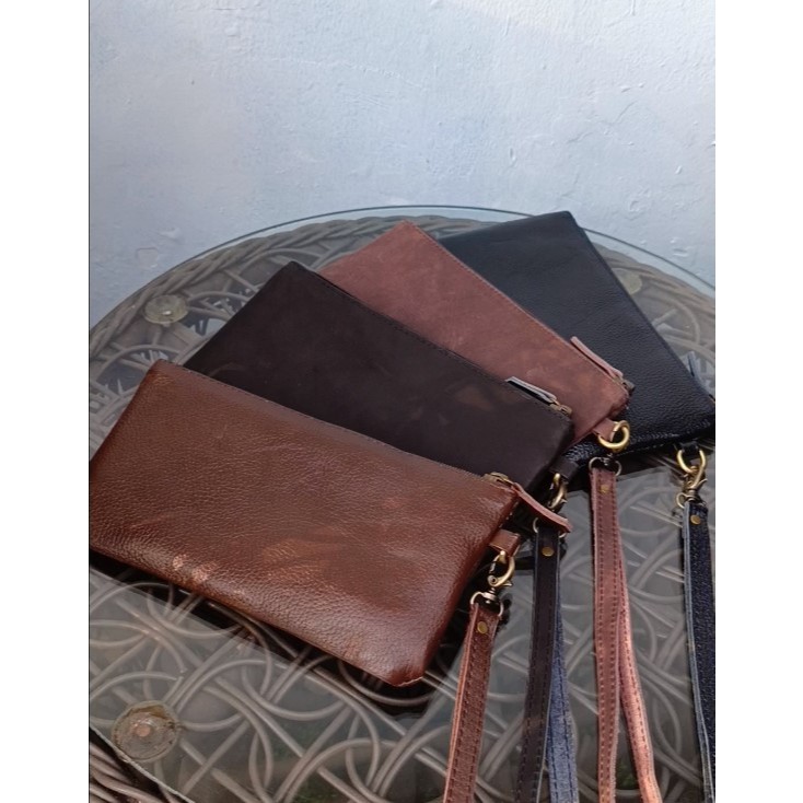 Dompet Pouch Kulit sapi asli motif kulit jeruk dan crazy horse simple modern dan elegan muat dua hp 