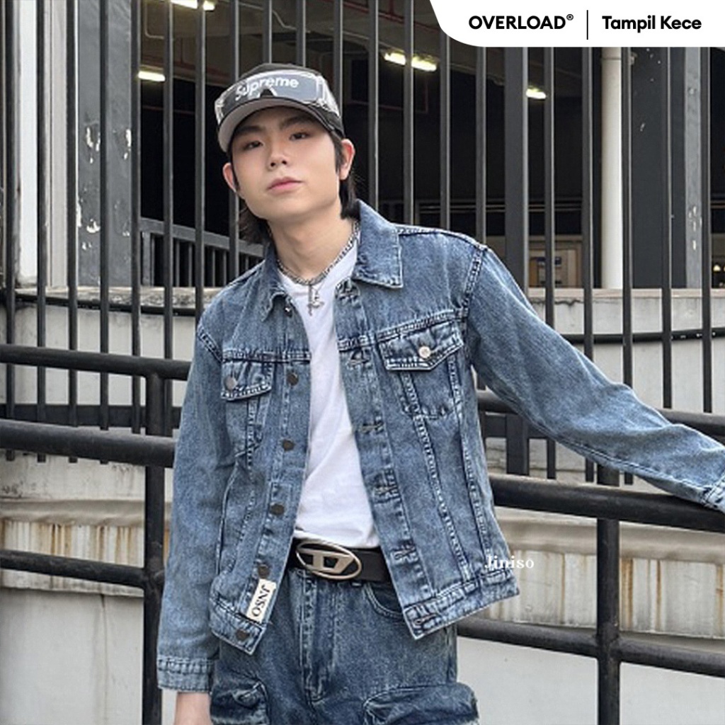 JINISO Pria Jaket Jeans Oversize Vintage Blue Acid