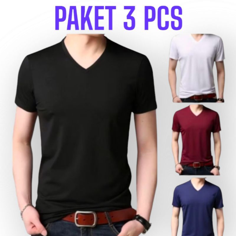 (Paket 3 pcs) Kaos Oblong Pria Dewasa v neck/Kaos Polos Pria Dewasa Remaja