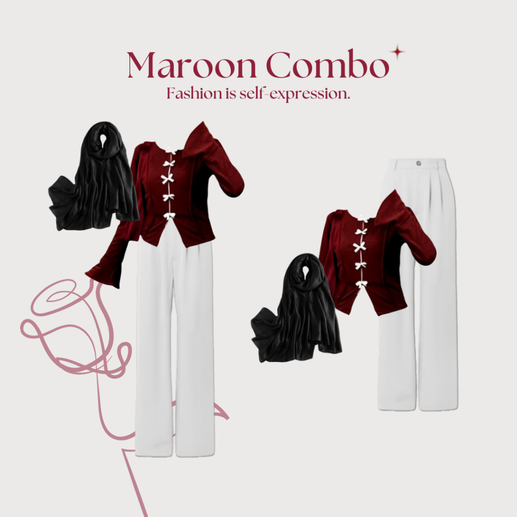 One Set 004 - OOTD Hijab Wanita Outfit Celana Kulot Crinkle, Blouse Knit Pita, Bella Square Maroon C