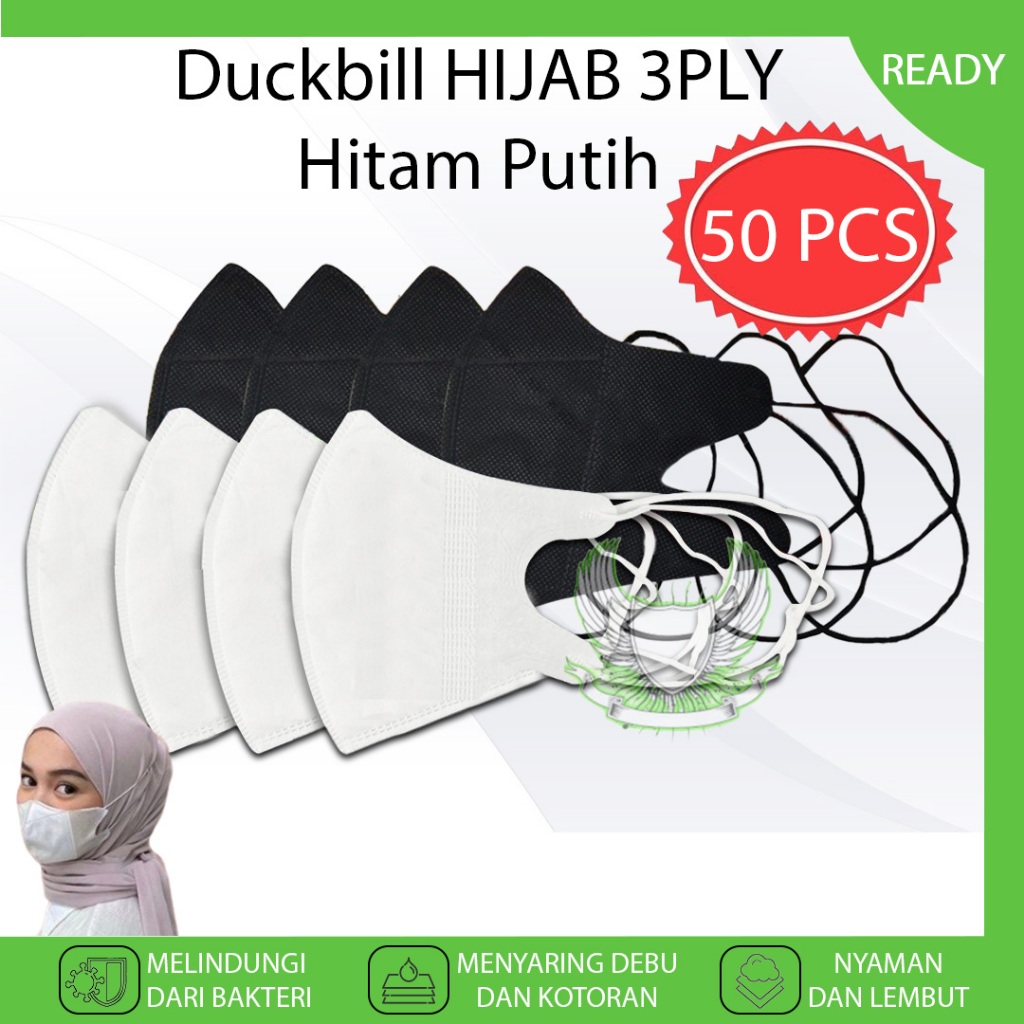 Masker Duckbill 50 PCS HIJAB Warna Hitam Putih WHITE BLACK 3 PLY Murah Original Masker Medis Duckbil