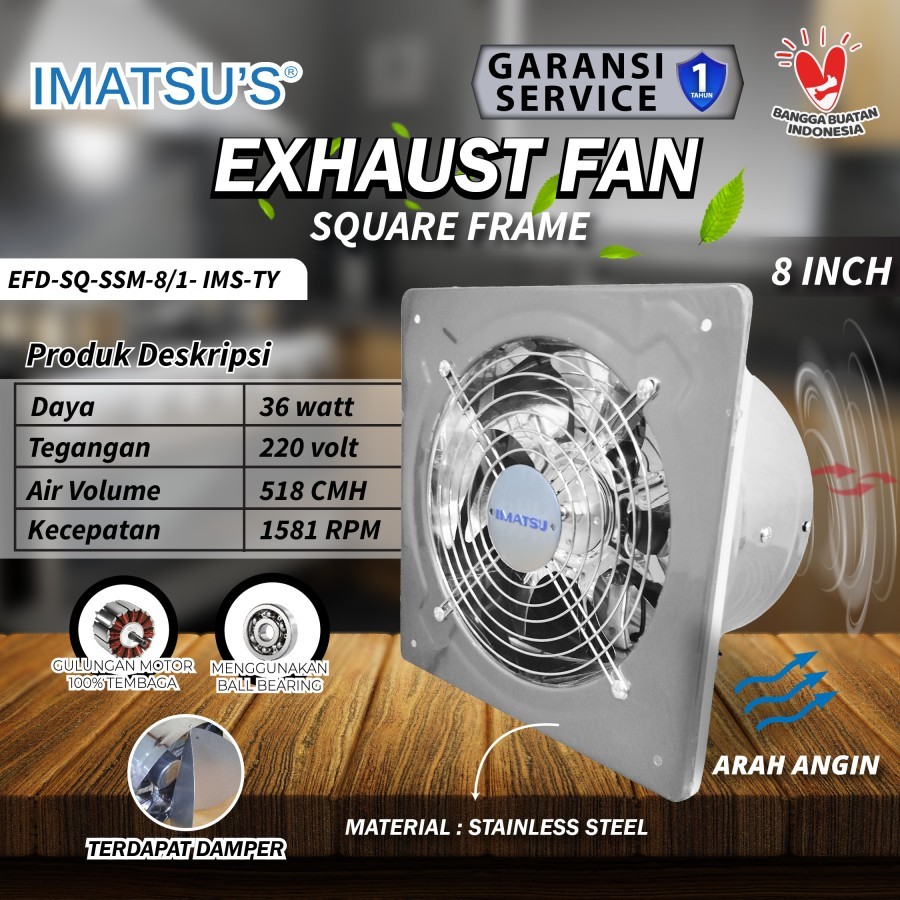 IMATSU'S Exhaust Fan Stainless Steel EFD-SQ-SSM-8/1-IMS-TY size 8" Inch Wall Air Duct Booster Fan Pl