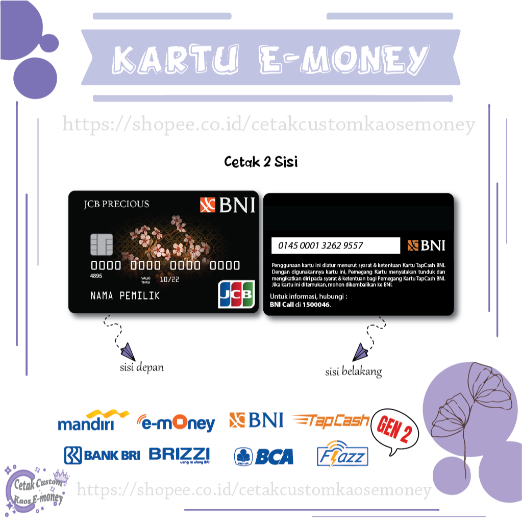 KARTU E MONEY E TOLL CARD JCB BNI CARD BLACK EMONEY MANDIRI BNI BRI BCA - 2 SISI
