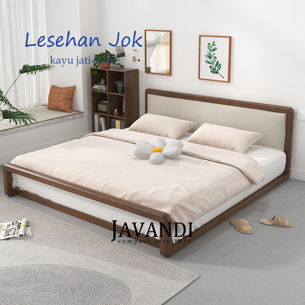 Javandihome Tempat Tidur Lantai Sandaran Busa Minimalis Japandi Style Kayu Jati