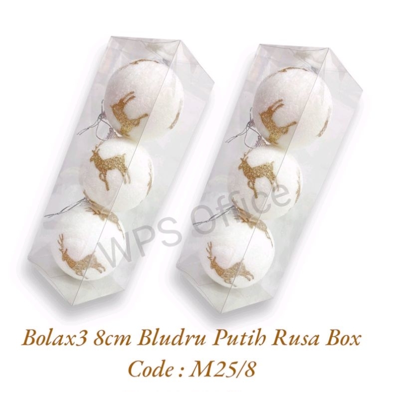 Hiasan Natal Bola 8cm isi 3 Bludru Putih Rusa M25/8 - Hiasan Natal - Hiasan Bola Natal - Hiasan Nata