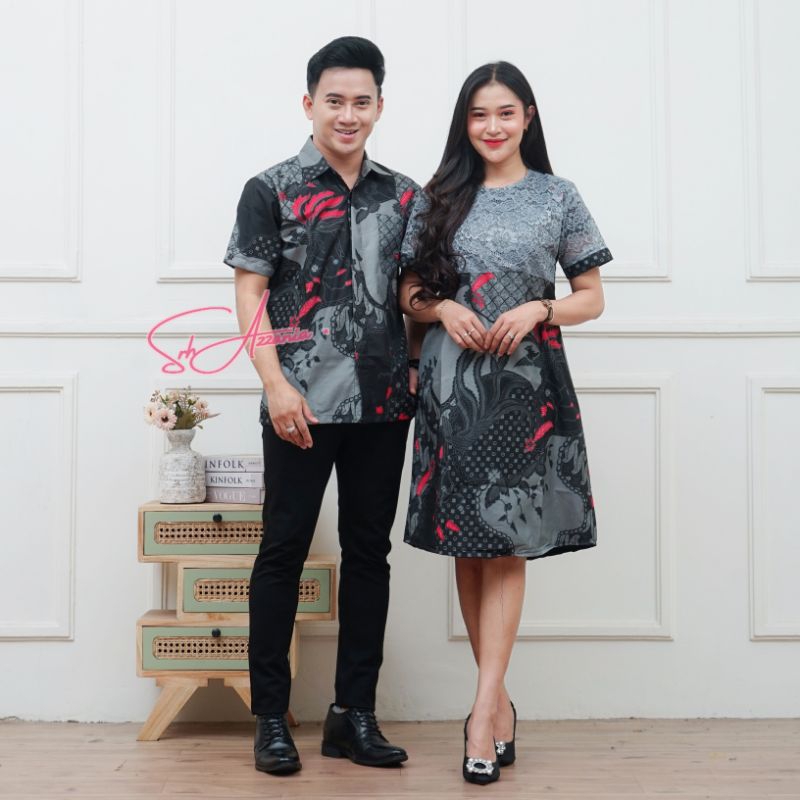 Azzania - Baju Couple Keluarga Hem Batik Lengan Pendek dan Dress Tunik Brokat Fashion Ayah Ibu Anak 