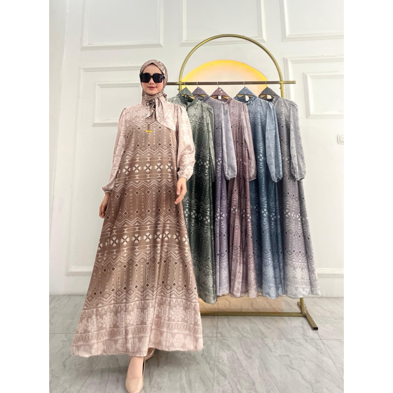 gamis Armany brown digital motif BINTANG MAYUNG set hijab