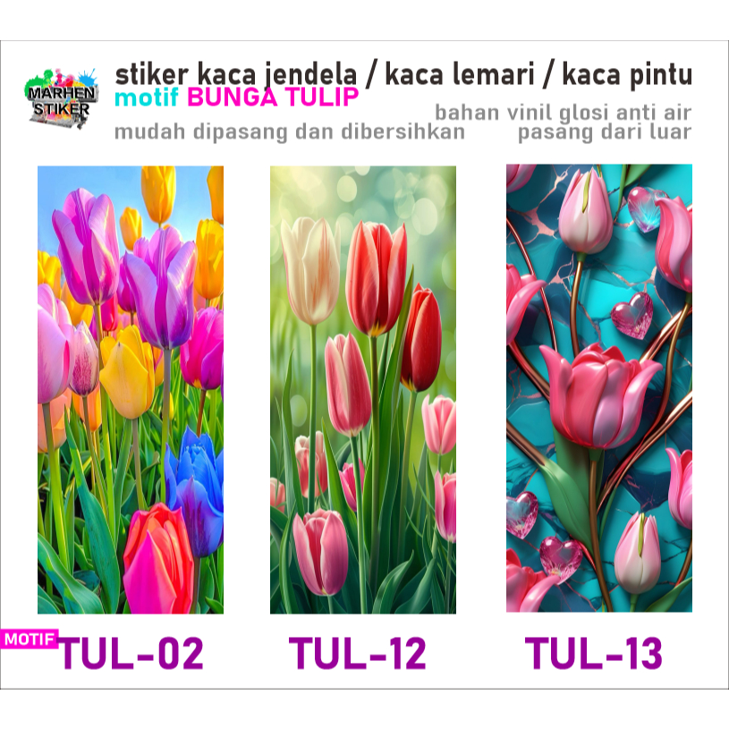Stiker Kaca Jendela Motif Bunga Tulip Bahan Vinil Anti Air (pasang dari luar)