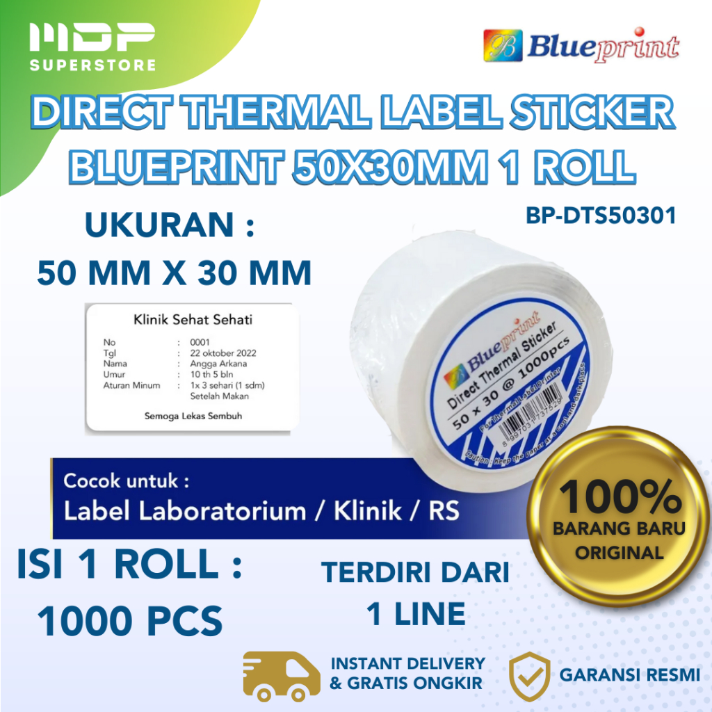 

DIRECT THERMAL STICKER BLUEPRINT LABEL STICKER 50x30 mm 1 ROLL (BP-DTS50301)