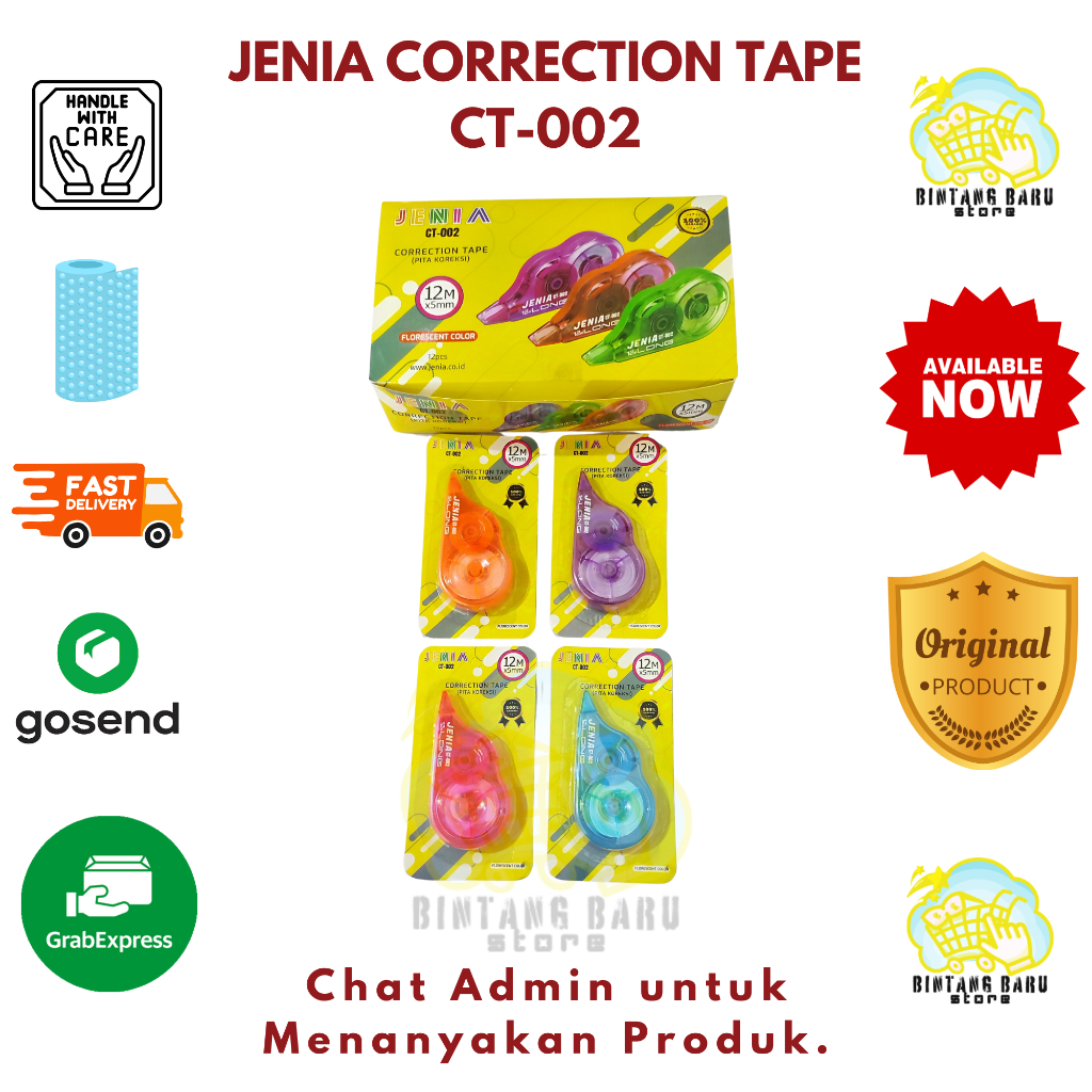 

[HARGA 1DUS] JENIA CORECTION TAPE - TYPE CT-002 - 4 VARIASI WARNA - FLUORESCENT COLOUR