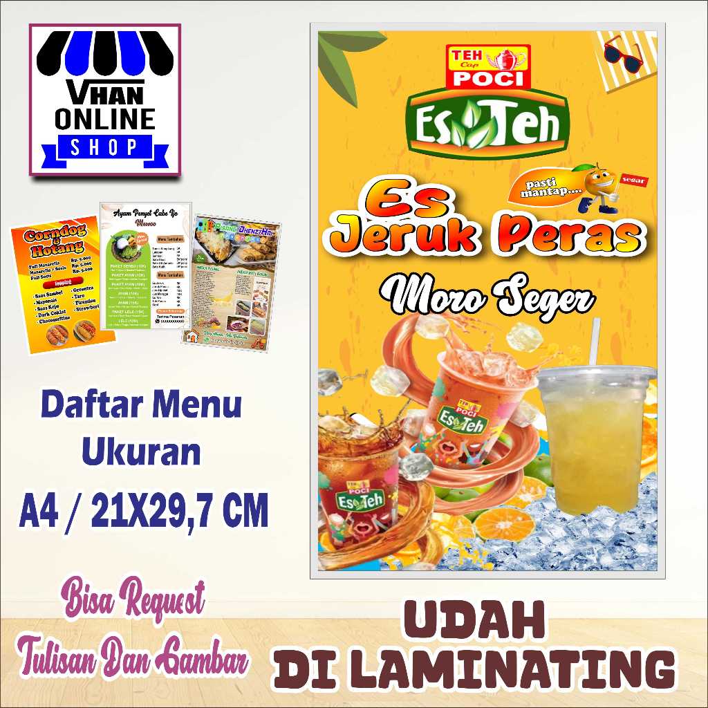 Cetak Poster Daftar menu Jualan Es Teh Poci Design Cerah