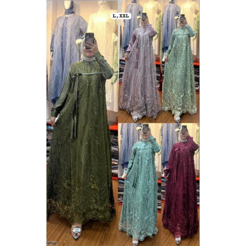 BAJU GAMIS SERAGAMAN JUMBO STANDAR DRESS WANITA EDISI TERBARU BAHAN SHIMMER GLOWING MIX RENDA BROKAT