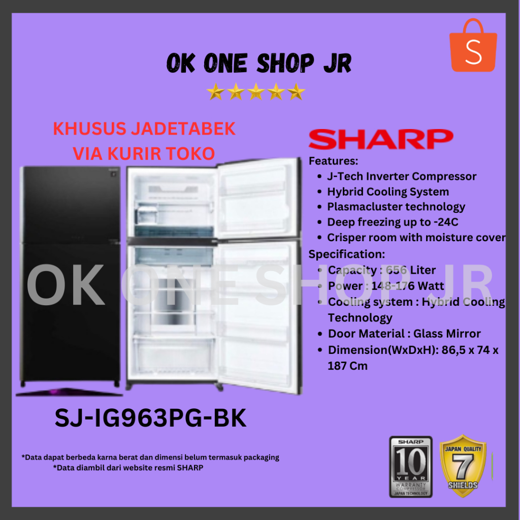 SHARP Kulkas 2 Pintu SJ-IG963PG-BK (Inverter)