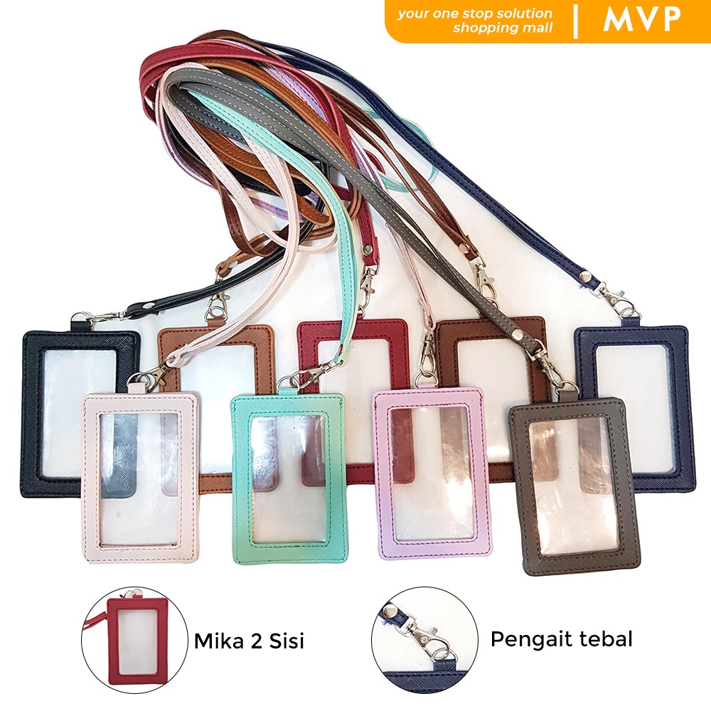 

MVP ID Card Holder Mika Plastik Name Tag Mika Bening Lanyard Kulit Dua Sisi Transparan PU Leather