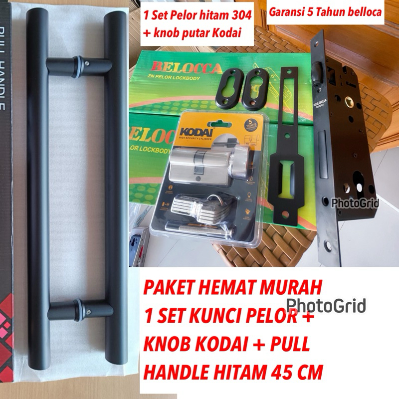 PAKET KUNCI PINTU KUPU DOUBLE HITAM 1 SET BODY PELOR + PULL HANDLE 45 CM BLACK HITAM DENGAN KNOB KOD