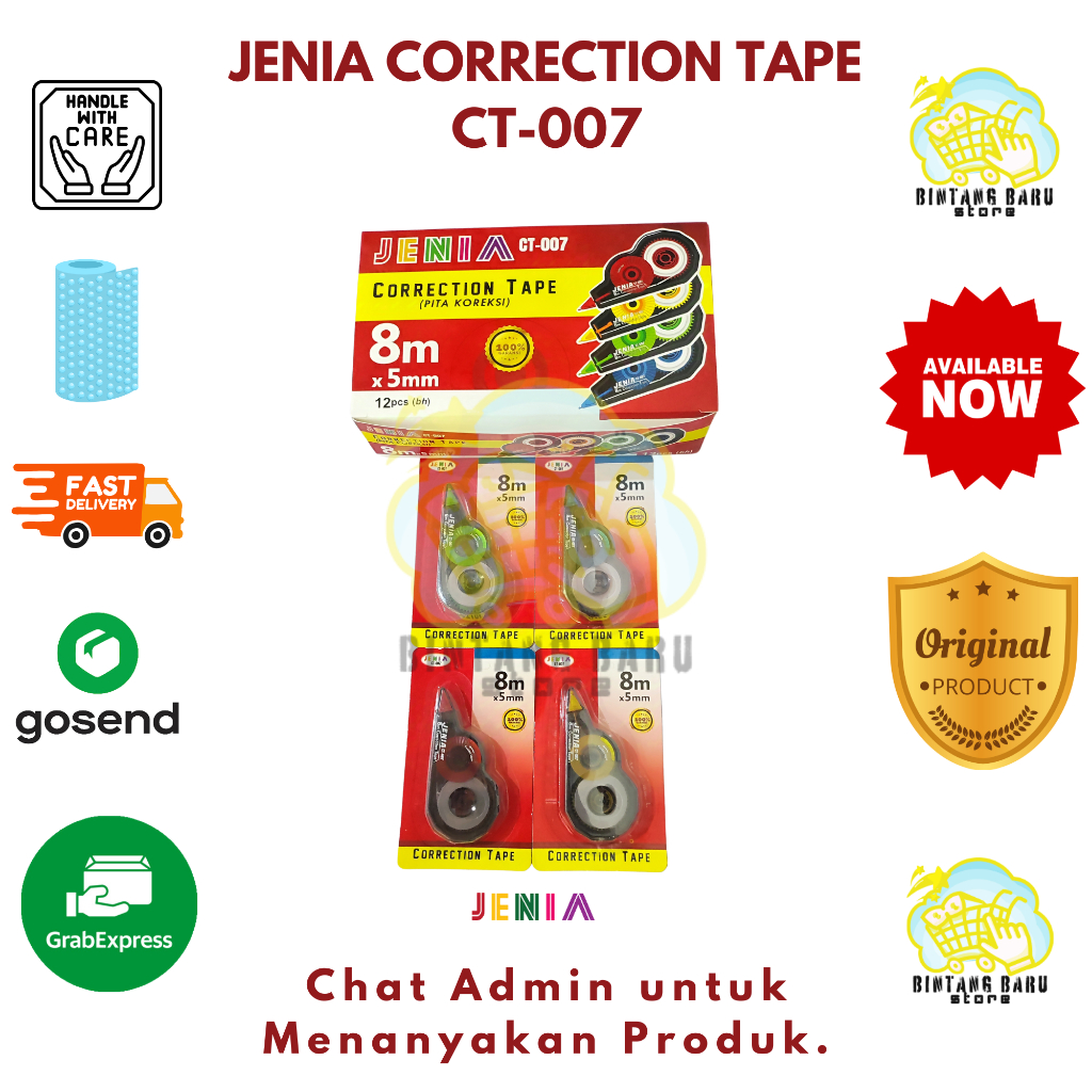 

JENIA - CORRECTION TAPE / TIPE X GULUNG - CT-007 - 4 VARIASI WARNA