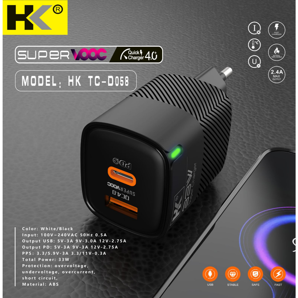 Promo 7.7 HK D058 Charger 33W Fast Charging PD + PPS + QC