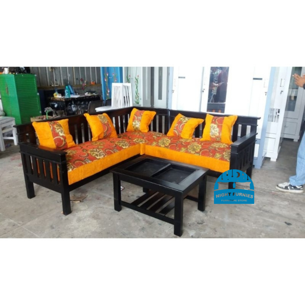 Sofa l kayu minimalis+meja kerang / sofa kayu minimalis / sofa tamu /sofa keluarga / sofa kursi