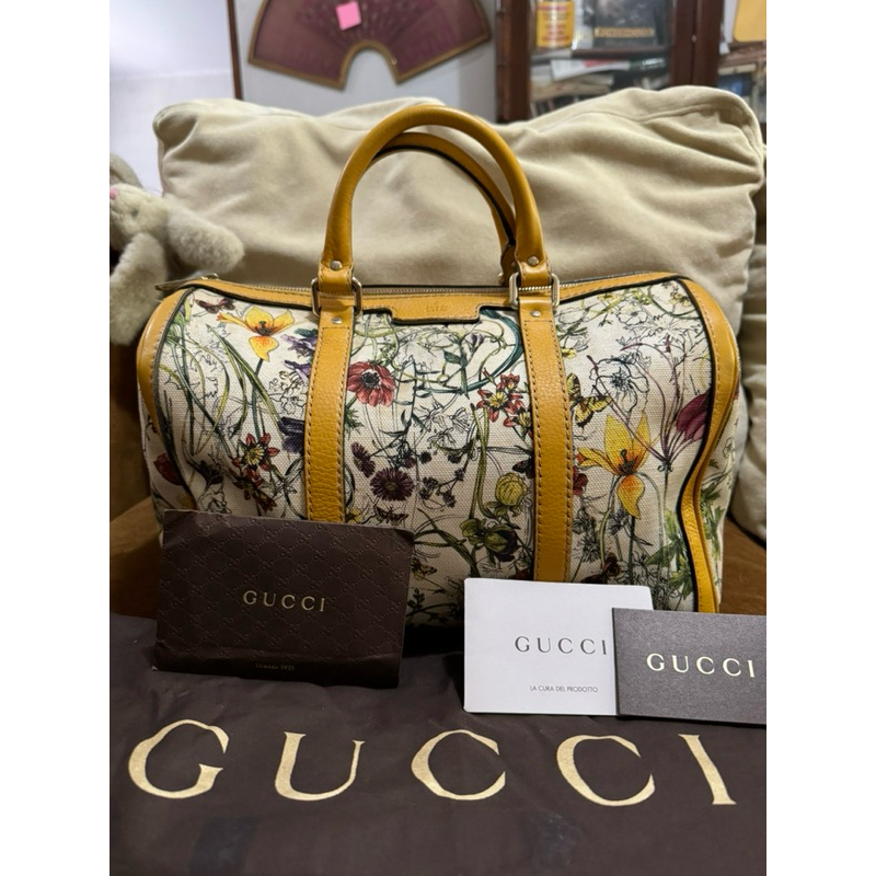 Gucci Floral Print Boston Bag Canvas Satchel Bag (Singapore Edition)