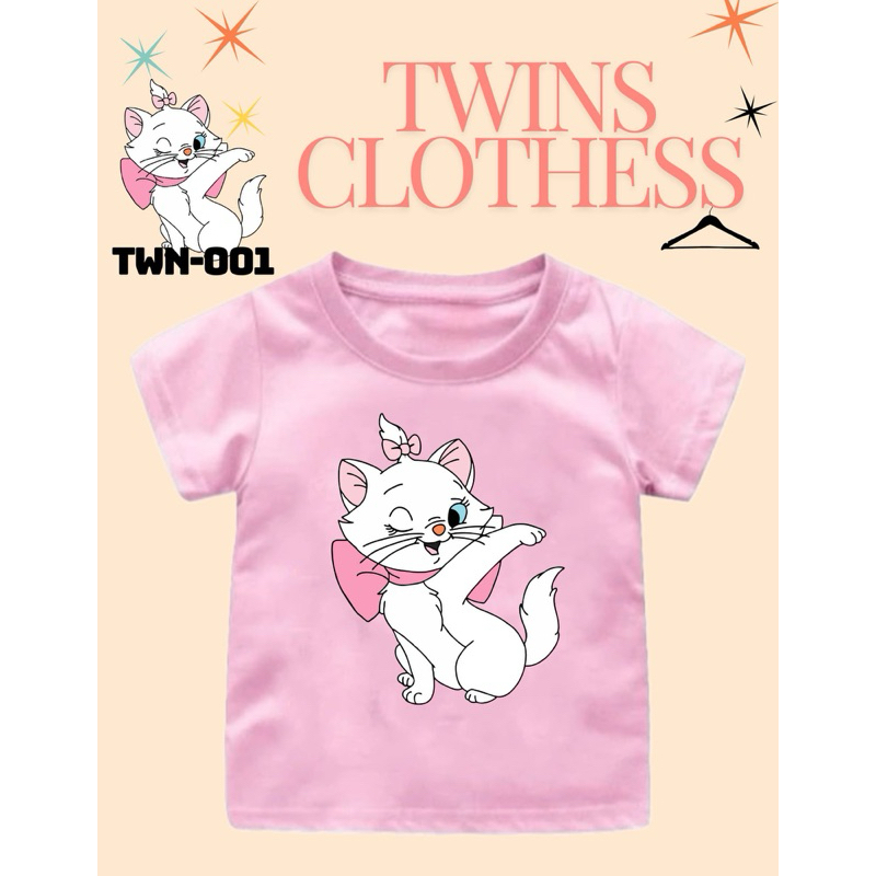 Baju Anak Perempuan Kaos Tangan Pendek Usia 1-10 Tahun Gambar Kucing Marie TWN001 Atasan Lucu Bahan 