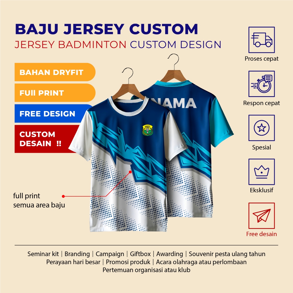 Jersey badminton custom full print / kaos custom / custom desain / full print custom