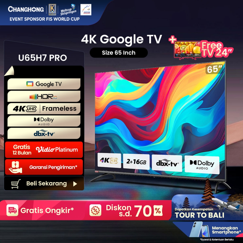 【BELI TV GRATIS TV】Google TV Changhong 65 Inch 4K  UHD Smart Digital LED TV-Google Assistant-UHD-Wif