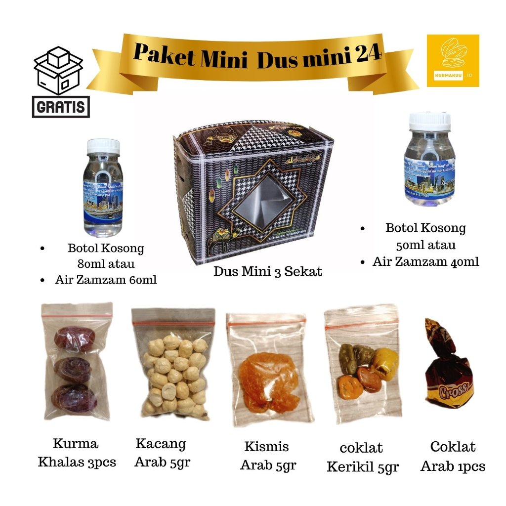 

Paket Oleh Oleh Haji dan Umroh Super Hemat dan Lengkap isi Air zamzam atau botol Kosong + coklat arab +Coklat kerikil + Kacang almond Kemasan Dus mini