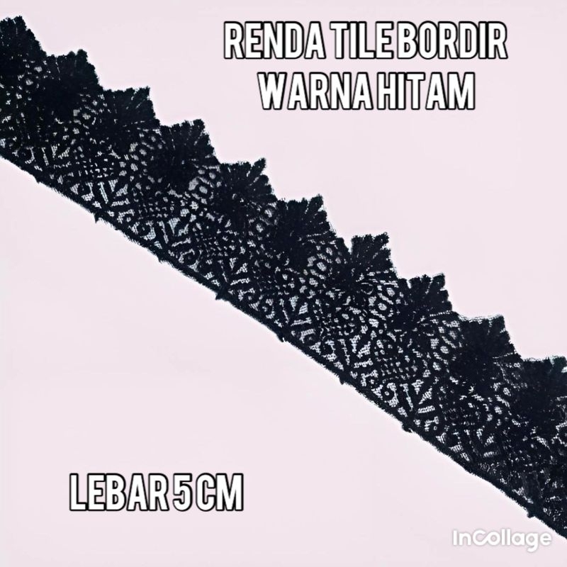 PER METER RENDA TILE BORDIR WARNA HITAM LEBAR 5CM